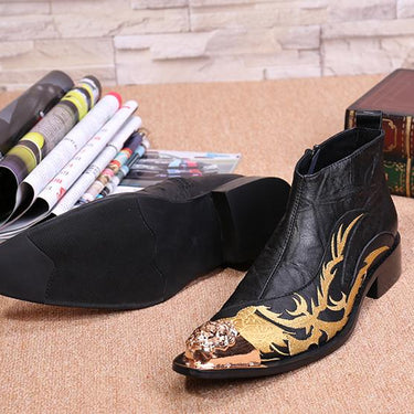 Designer Metal Toe Black High Top Leather Zipper Short Ankle Boot Embroidered Shoes For Men  -  GeraldBlack.com