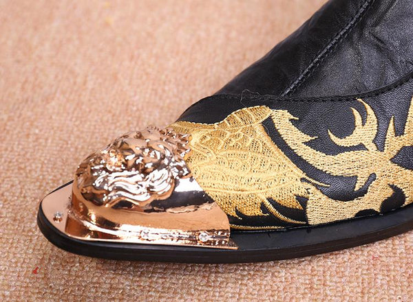 Designer Metal Toe Black High Top Leather Zipper Short Ankle Boot Embroidered Shoes For Men  -  GeraldBlack.com