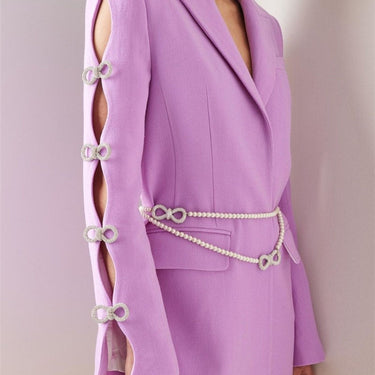Designer Stylish Fashion Women Pearls Chain Diamonds Beaded Hollow Out Bow Sleeve Blazer Dress  -  GeraldBlack.com