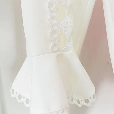 Designer Women's Flare Sleeve Hollow Out Lace Trimmed Tops Blouse Pencil Pants Set  -  GeraldBlack.com