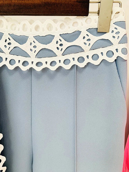 Designer Women's Flare Sleeve Hollow Out Lace Trimmed Tops Blouse Pencil Pants Set  -  GeraldBlack.com