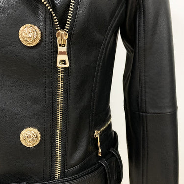 Designer Women's Lion Buttons Double Zippers Motorcycle Biker Synthetic Leather Street Jacket  -  GeraldBlack.com