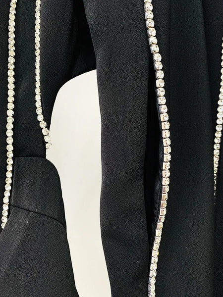 Designer Women's Single Button Hollow Out Diamonds Beaded Blazer Flare Pants Set  -  GeraldBlack.com