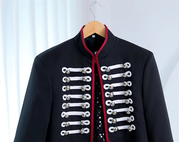 Double Breasted Steampunk Military Men Stand Collar Slim Fit Punk Rock Singer Costume Dance Prom Party Blazer Jacket  -  GeraldBlack.com