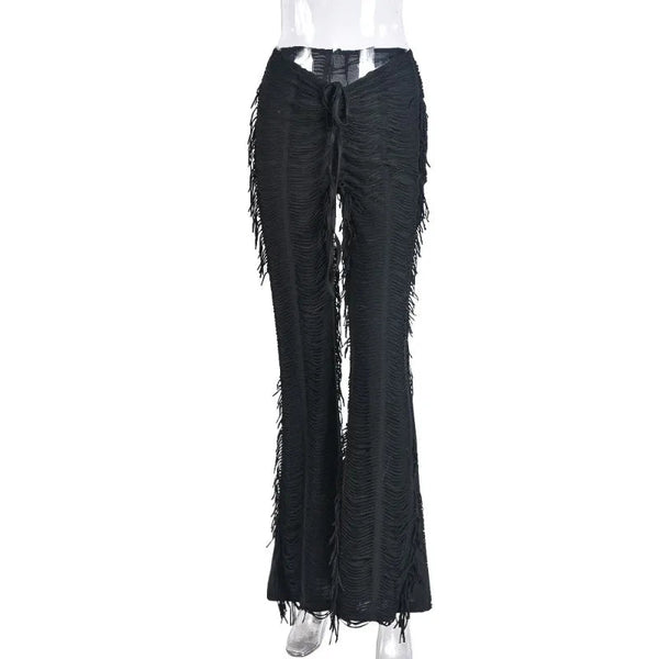 Drawstring Tassel Flare Pants Black Trousers Irregular Fashion Pants for Womens  -  GeraldBlack.com