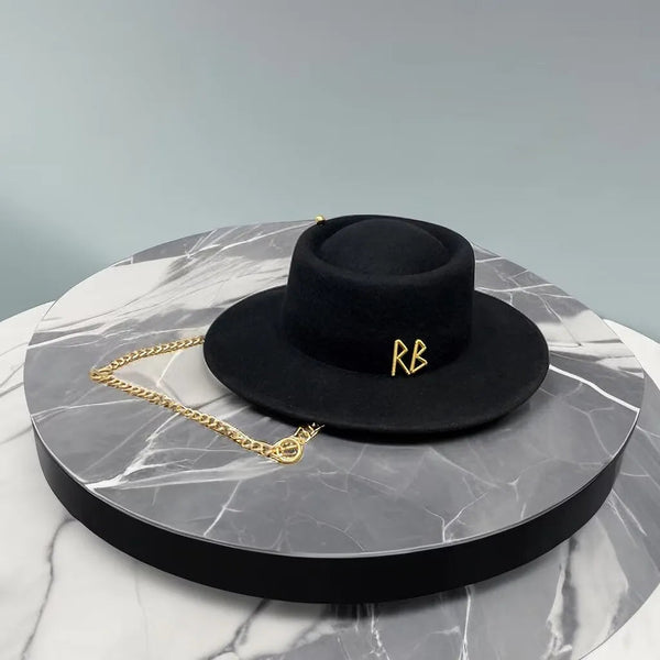 European and American black woollen hats for women chain strap gambler fedora hat  -  GeraldBlack.com