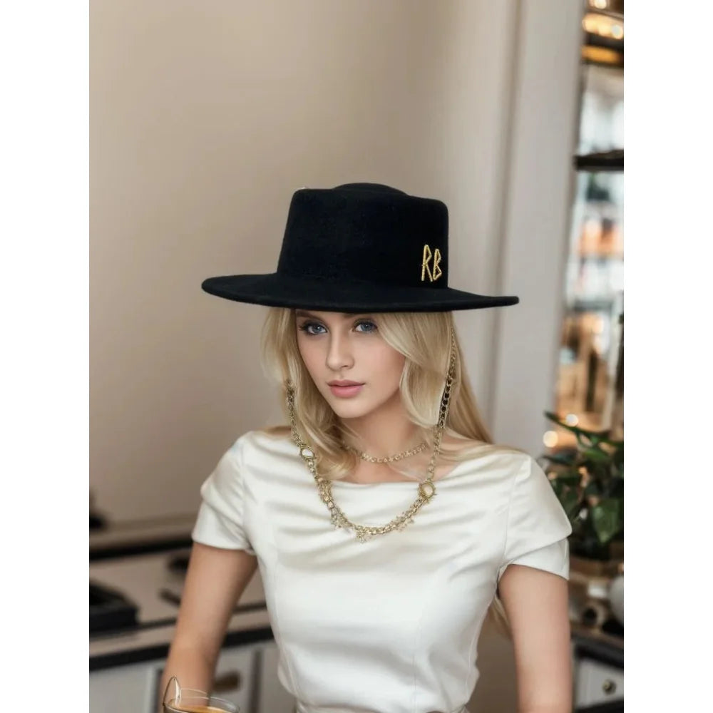 European and American black woollen hats for women chain strap gambler fedora hat  -  GeraldBlack.com