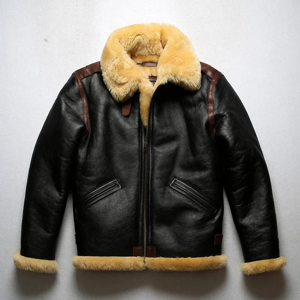 European Size Winter Super Warm Genuine Sheep Leather Mens Big Shearling Military Fur Jacket  -  GeraldBlack.com