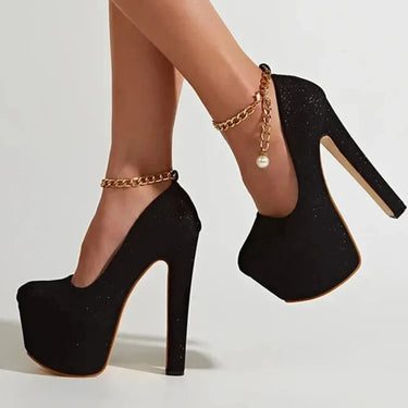 Extreme High Heels Women Fashion Sequined Cloth Round Toe Chain Ankle Strap Platform Pumps Nightclub Party Shoes  -  GeraldBlack.com