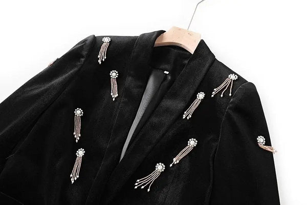 Fall Winter Luxury Black Velvet Fabric Diamonds Beads Women 2PCs Blazer Suits High Street Twin Sets  -  GeraldBlack.com