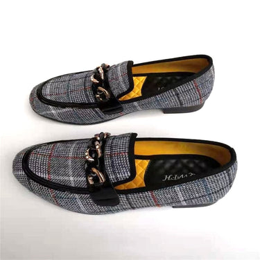 Fashion Checked Fabric Slip On Men Dress With Metal Chain Buckle Plus Size Handmade Casual Shoes  -  GeraldBlack.com