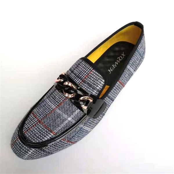Fashion Checked Fabric Slip On Men Dress With Metal Chain Buckle Plus Size Handmade Casual Shoes  -  GeraldBlack.com