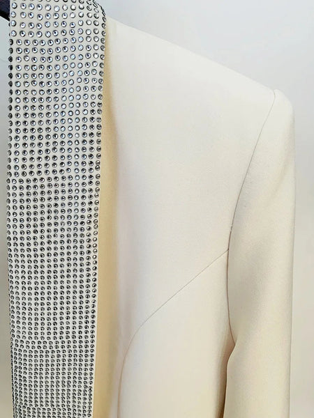 Fashion Designer Women Black Beige Backless Diamonds Beaded Shawl Collar Blazer  -  GeraldBlack.com