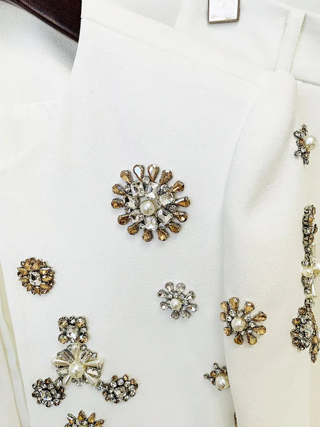 Fashion Designer Women's Pearls Diamonds Rhinestone Beaded Trimed Jacket Flare Slit Pants Set  -  GeraldBlack.com