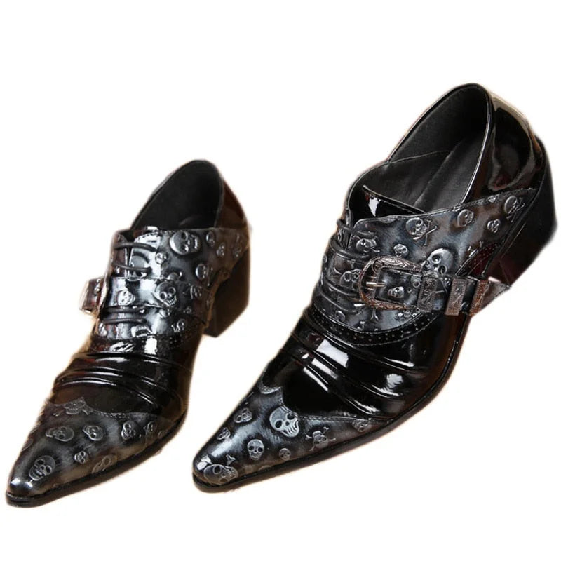 Fashion Gold Black Skulls Pointed Toe Leather Personality Leisure Zapatos Hombre Oxford Shoes  -  GeraldBlack.com