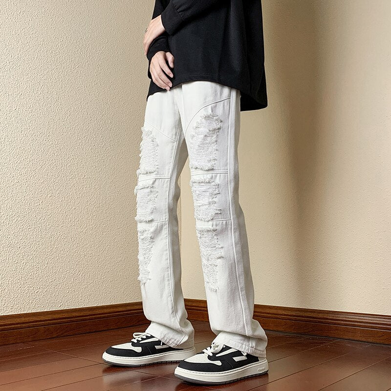 Fashion Heavy Craft Straight Slim Camouflage Men Vintage High Street Black White Ripped Jeans Patch  -  GeraldBlack.com