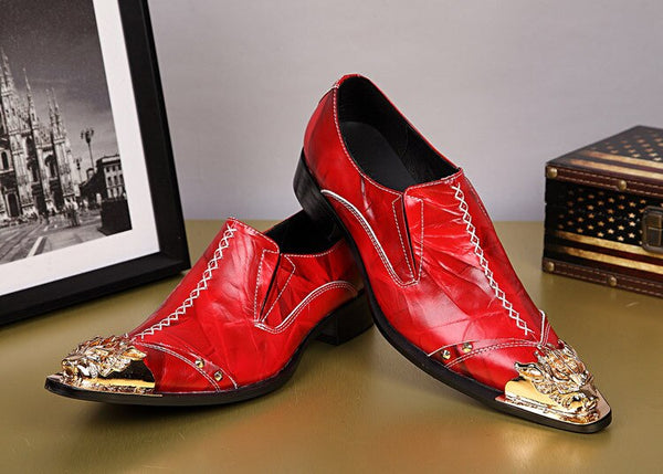 Fashion Man Black Red Leather Pointed Steel Toe Slip-on Dress Shoes Big Size 46  -  GeraldBlack.com