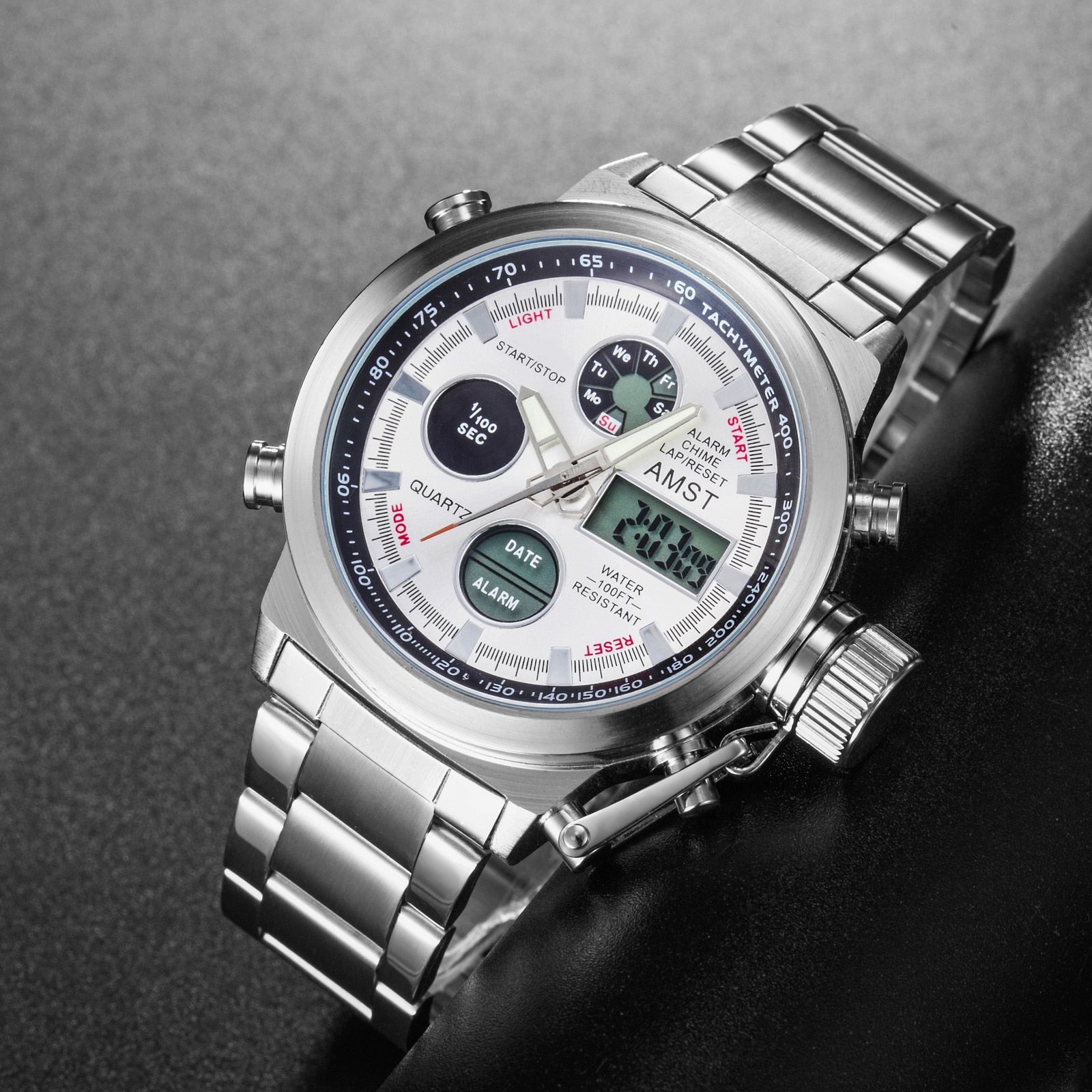 Quartz Screen Electronics Men's Stainless Steel Electronic Dual Display Waterproof Quartz Wristw ...
