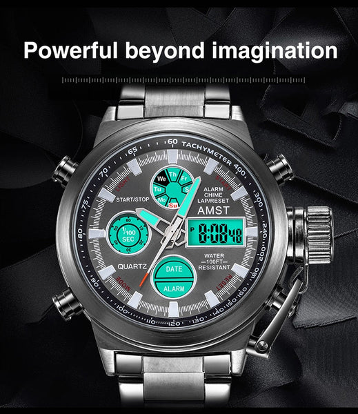Fashion Men Quartz Dual Display Luxury Stainless Steel Electronic Waterproof Sport Wristwatches  -  GeraldBlack.com