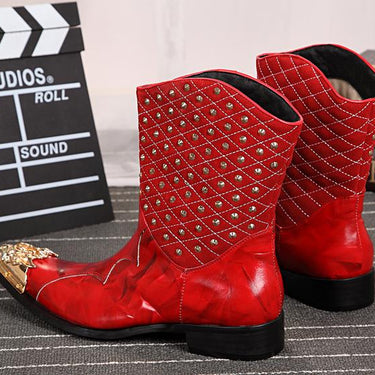 Fashion Personalized Mens Red Leather Pointed Iron Toe Rivet Mid Calf Motorcycle Boots EU38-46  -  GeraldBlack.com