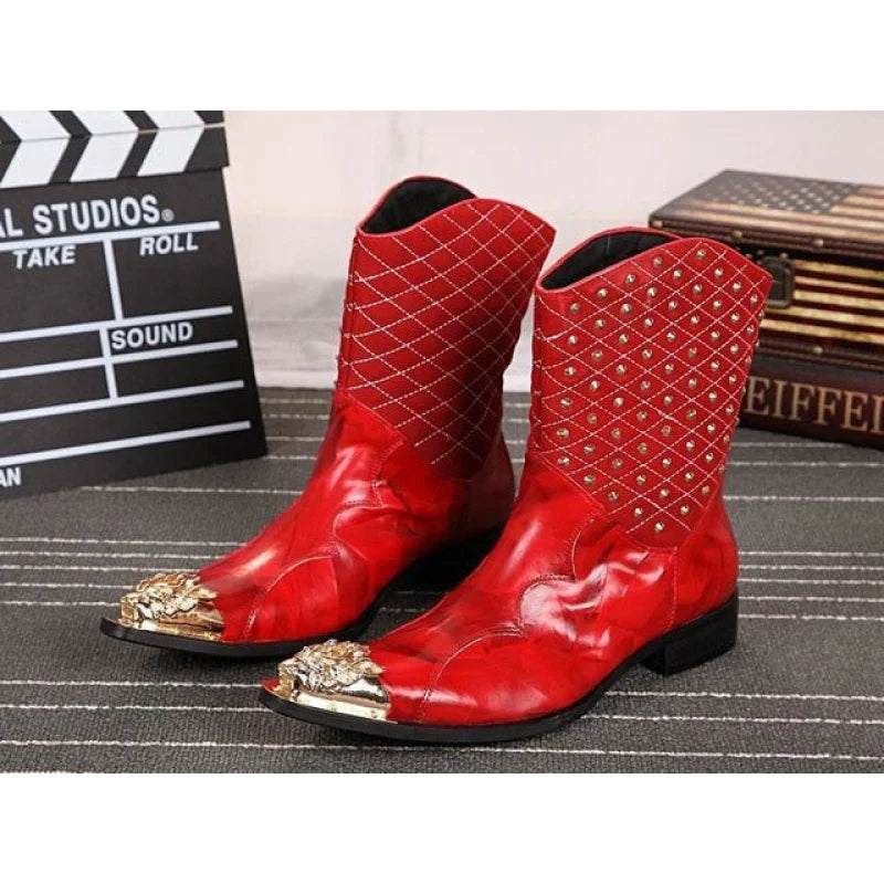 Fashion Personalized Mens Red Leather Pointed Iron Toe Rivet Mid Calf Motorcycle Boots EU38-46  -  GeraldBlack.com