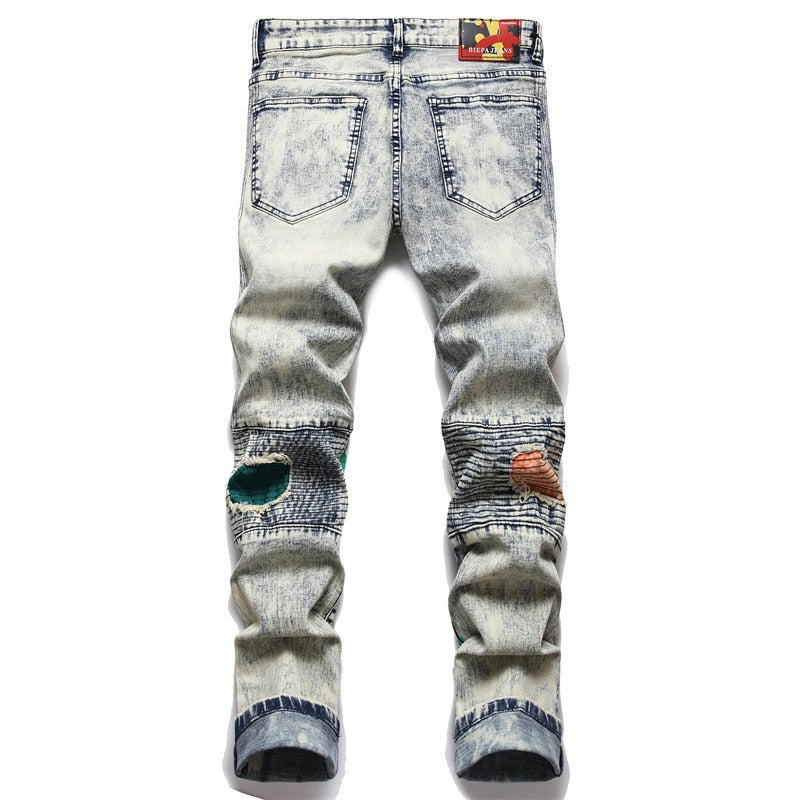 Fashion Punk Style Men's Urban Ripped Print Stitching Mid-waist Pants Simple Slim Jeans  -  GeraldBlack.com