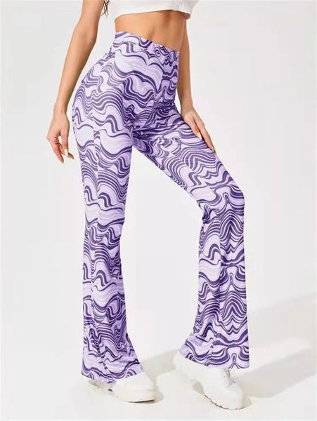 Fashion Striped Print 7 Colors Women High Waist Stretch Long Flare Pants Trousers 5XL Sportswear  -  GeraldBlack.com