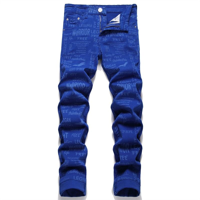 Fashion Summer Street Men's Jeans Digital Print Blue Tight Mid-waist Personality Simple Jeans  -  GeraldBlack.com