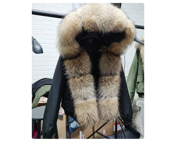 Fashion Women Real Fox Fur Waterproof Natural Raccoon Big Fur Collar Winter Short Bomber Jacket  -  GeraldBlack.com