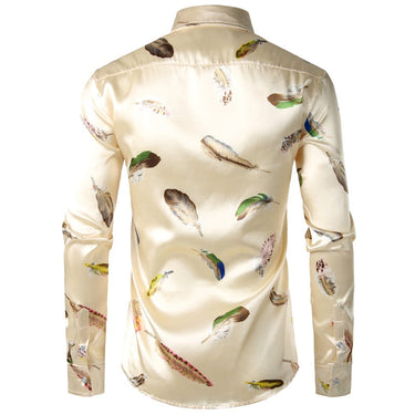 Feather Printed Silk Shirt Men Satin Smooth Long Sleeve Casual Party Button Down Shirts for Men  -  GeraldBlack.com