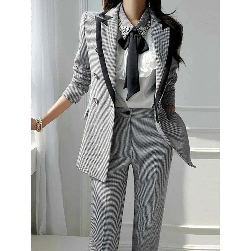 Formal Women Temperament Houndstooth Vintage Tops Coat Blazer Suit High Waist Straight Pants 2pcs Suit Sets  -  GeraldBlack.com