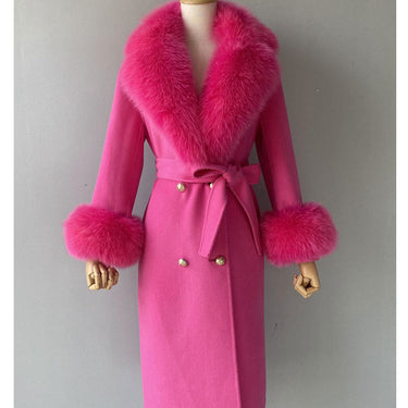 Fushia Color Women's Double Faced Winter Slim Long Wool Cashmere Real Fox Fur Collar Cuffs Coat Outerwear  -  GeraldBlack.com