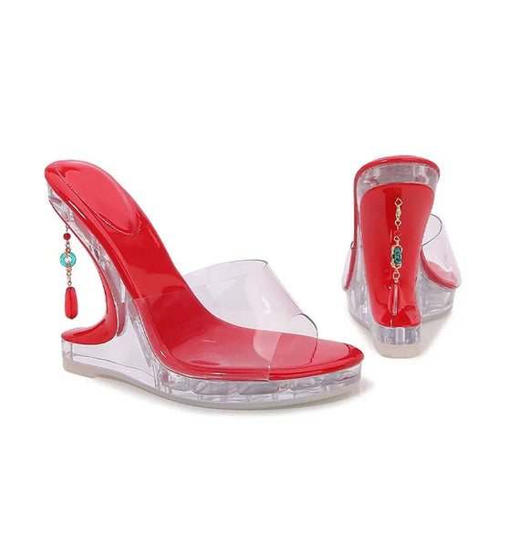 Gem Pendant Design Strange Wedge Heels PVC Transparent Women Summer Open Toe Pumps Shoes  -  GeraldBlack.com