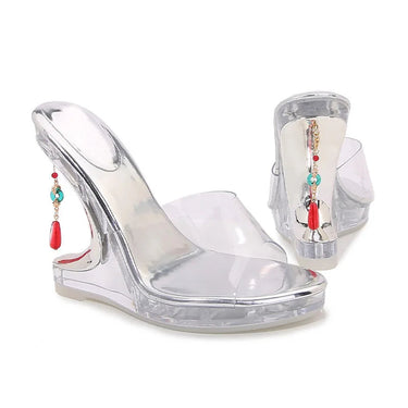 Gem Pendant Design Strange Wedge Heels PVC Transparent Women Summer Open Toe Pumps Shoes  -  GeraldBlack.com
