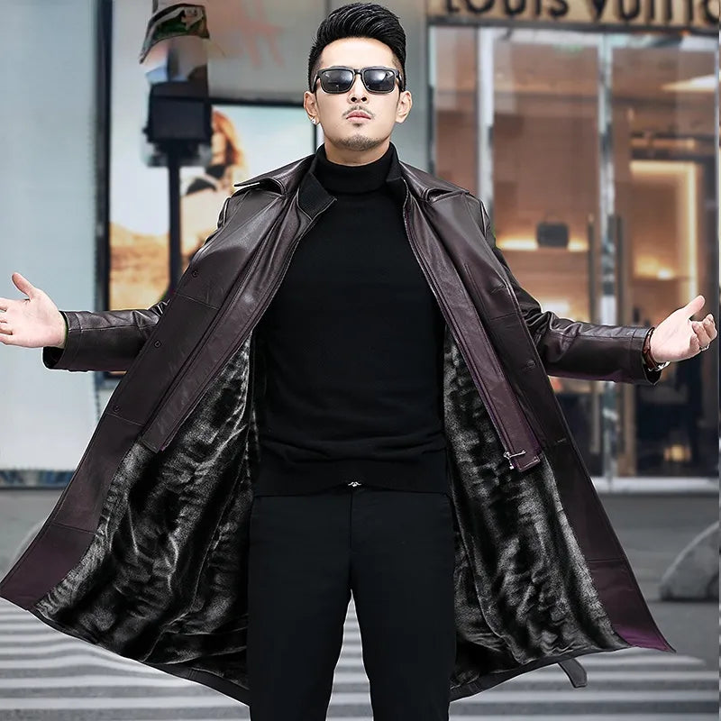Genuine Leather Men's Suit Collar Cowhide Knee Length Casual Plush Eco-leather Trench Coat  -  GeraldBlack.com