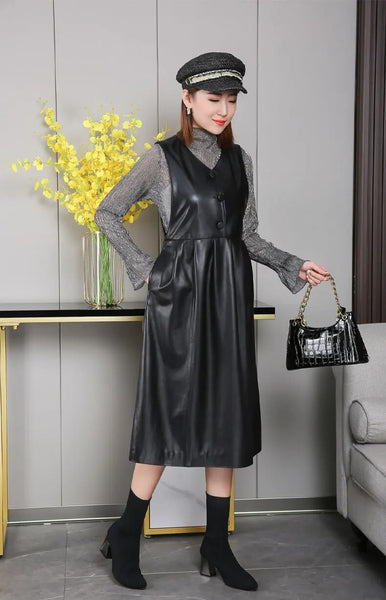 Genuine Leather Women's Oversized Slim A-line Long Over Knee Vest Autumn Winter Dresses  -  GeraldBlack.com