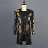 Gold Black Sequin Extra Long Men Slim Fit Party Stage Prom Singer Rock and Roll Costume Blazer  -  GeraldBlack.com