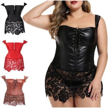 Goth Front Lace Up Corset Bustier Floral Lace Trim Stitching Leather Lingerie Shapewear Body Shaper  -  GeraldBlack.com
