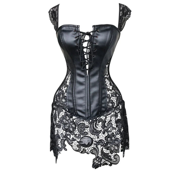 Goth Front Lace Up Corset Bustier Floral Lace Trim Stitching Leather Lingerie Shapewear Body Shaper  -  GeraldBlack.com