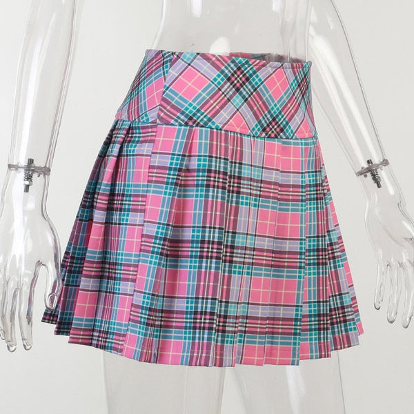 Gothic Plaid Women Summer Zipper Harajuku Fairy Grunge Backless Crop Tops Buckle Camis Skirts Streetwear  -  GeraldBlack.com