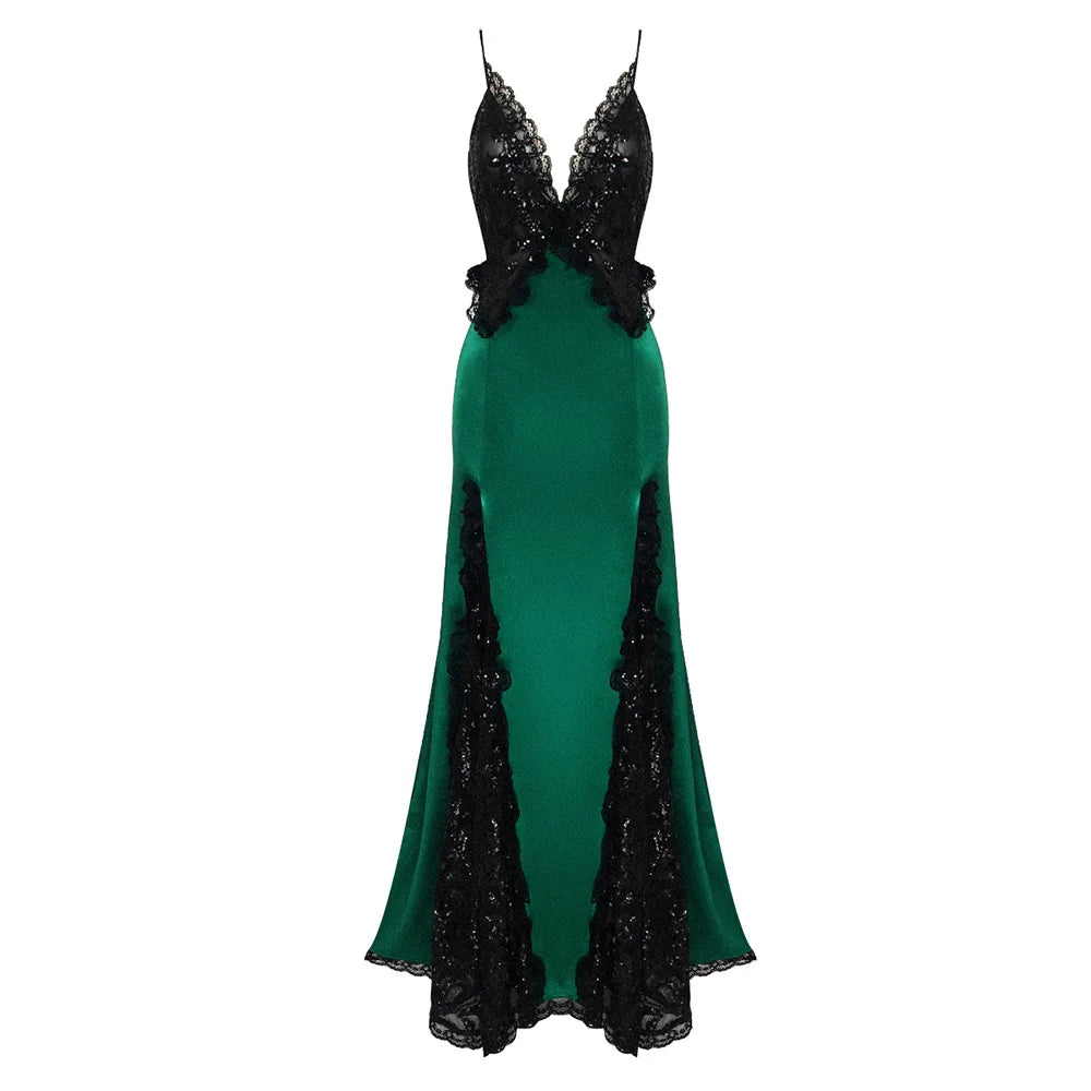 Gothic Style Beads Lace Tine Suspended Black Green Vintage Long Sexy Celebrity Club Party Dress  -  GeraldBlack.com