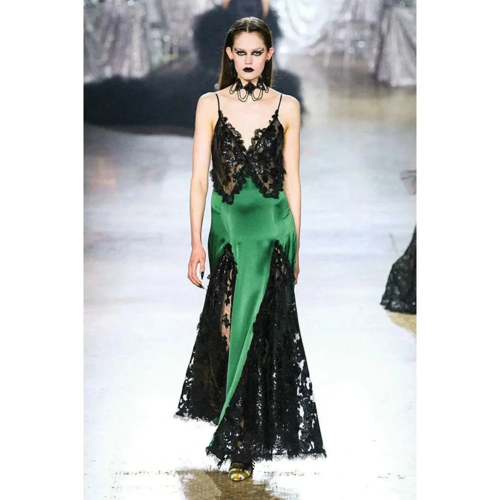 Gothic Style Beads Lace Tine Suspended Black Green Vintage Long Sexy Celebrity Club Party Dress  -  GeraldBlack.com