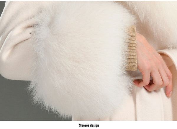 Green Women Natural Fox Fur Collar Cashmere Wool Blends Long Winter Outerwear Streetwear  -  GeraldBlack.com