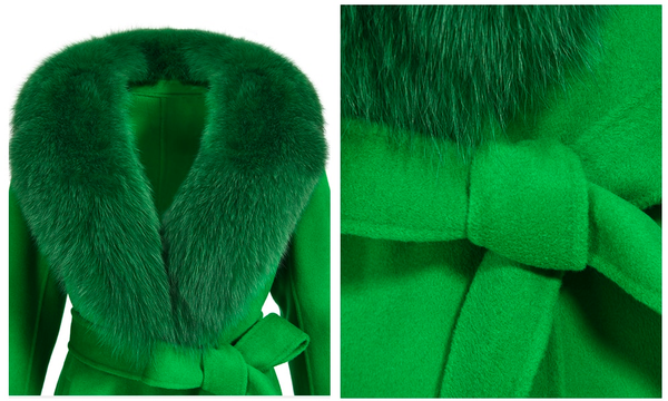 Green Women's Double Faced Winter Slim Long Wool Cashmere Real Fox Fur Collar Cuffs Coat Outerwear  -  GeraldBlack.com