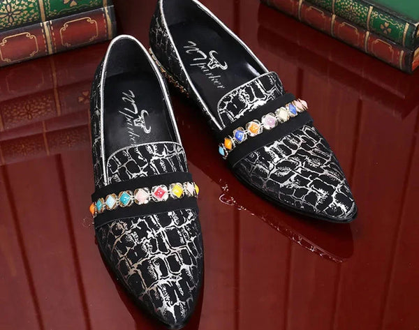 Handmade Crystal Men Fashion Genuine Leather Slip on Party Wedding Dress Shoes  -  GeraldBlack.com
