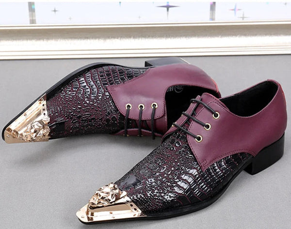 Handmade Genuine Leather Men's Lacing Up Personality Pointed Iron Toe Oxford Dress Party Wedding Shoes  -  GeraldBlack.com