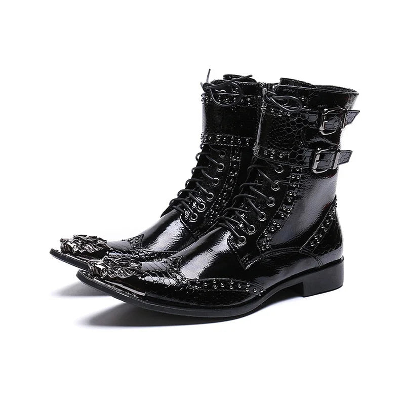 Handmade Men Black Leather Pointed Iron Toe Motorcycle Military Ankle Men Boots Shoes  -  GeraldBlack.com
