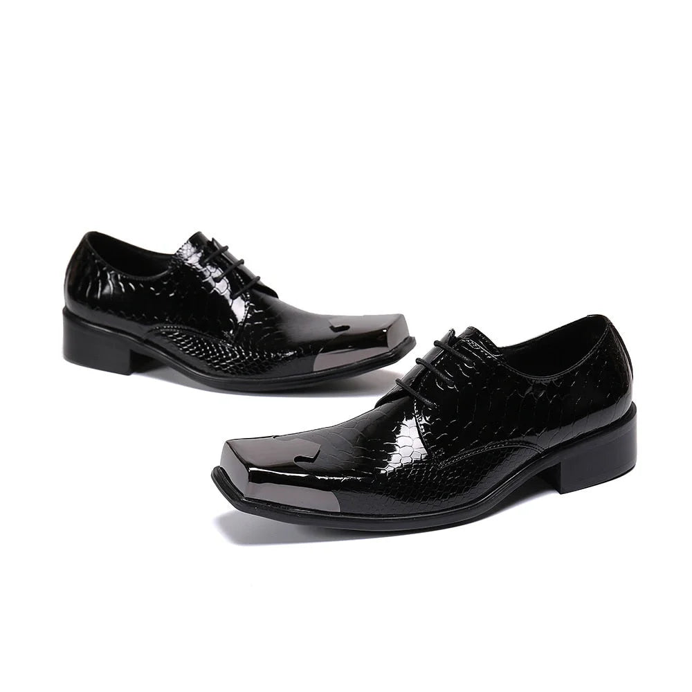 Handmade Men's Black Genuine Leather Lace-up Square Metal Toe Business Oxford Shoes  -  GeraldBlack.com