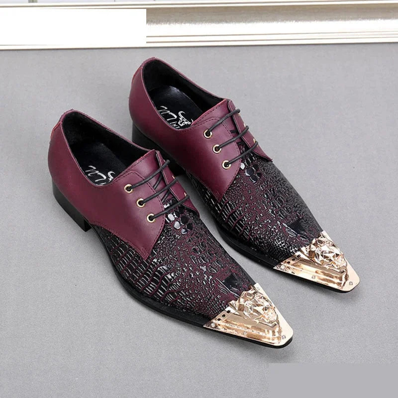 Handmade Personality Men's Genuine Leather Oxford Lacing-up Pointed Iron Toe Party Wedding Shoes  -  GeraldBlack.com