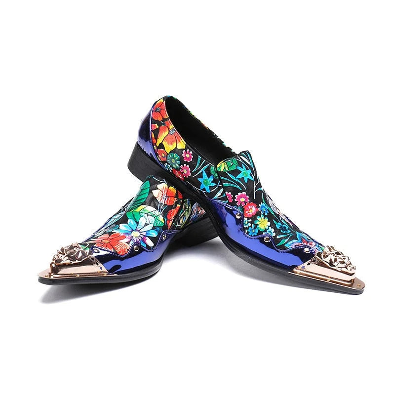 Handmade Rock Mens Flats Blue Flowers Metal Pointed Toe Genuine Leather Oxford Dress Party Shoes  -  GeraldBlack.com